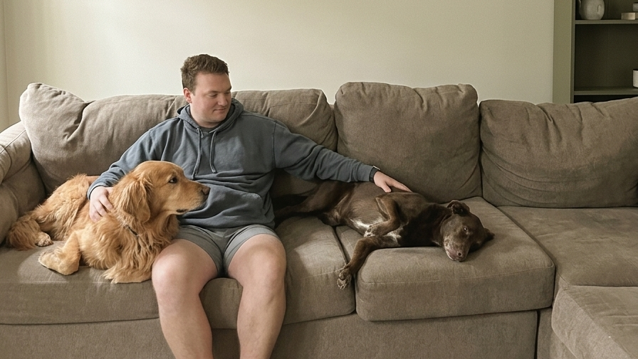 Man sitting on a couch with two dogs in a living room.
